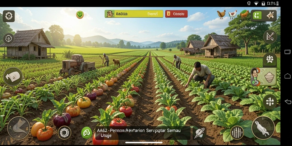Tampilan gameplay dengan ladang subur dan hewan ternak yang bahagia.