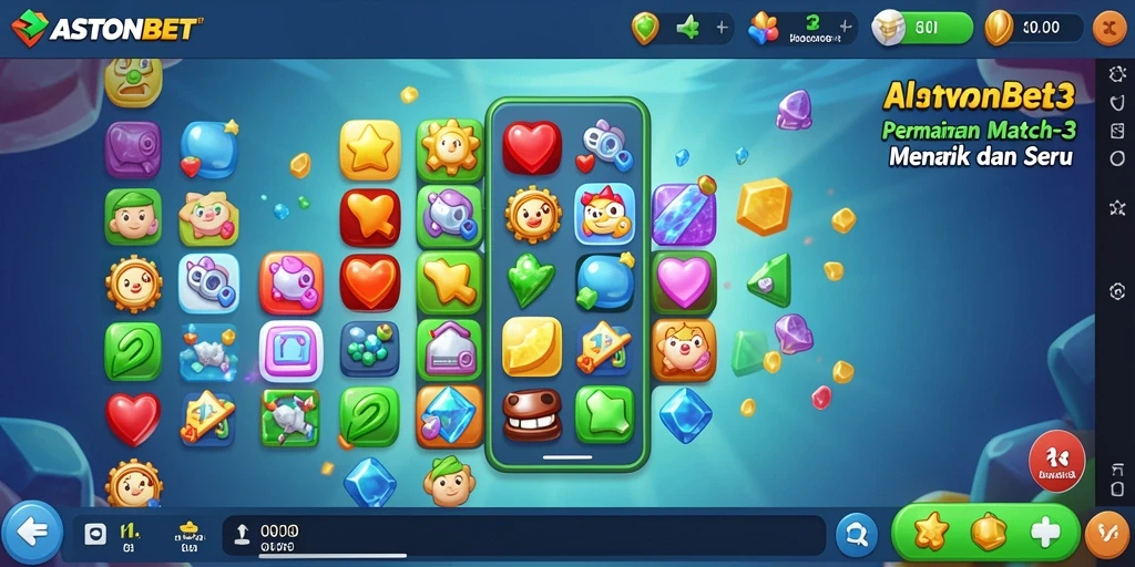 Screenshot menunjukkan gameplay seru ASTONBET dengan pencocokan warna-warni.