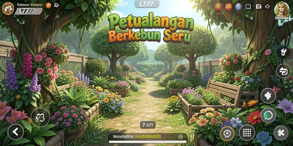Screenshot gameplay L777 menampilkan kebun yang subur dan aktivitas bertani.