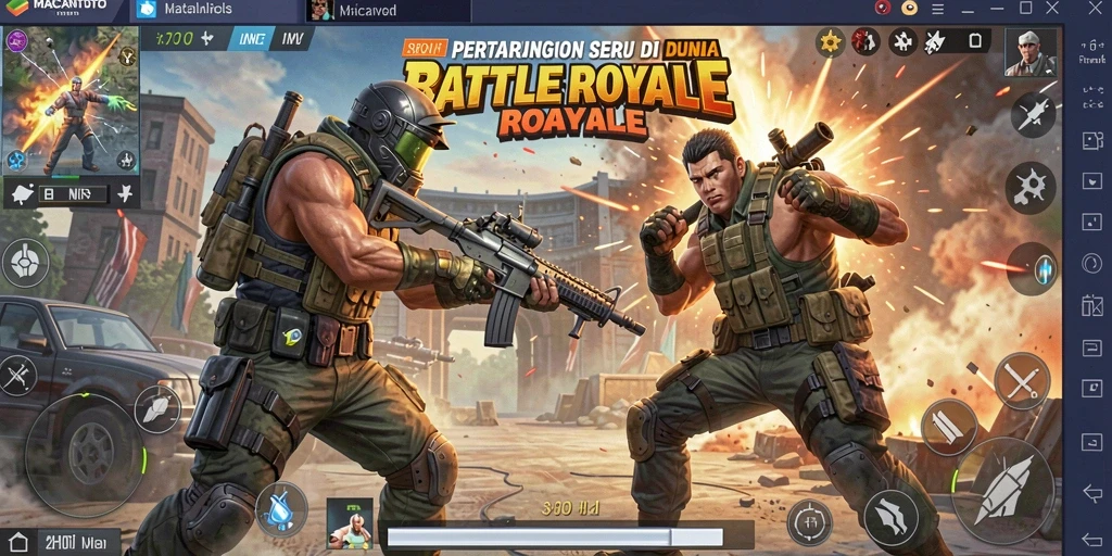 Screenshot utama MACANTOTO menunjukkan aksi pertarungan seru di arena Battle Royale.