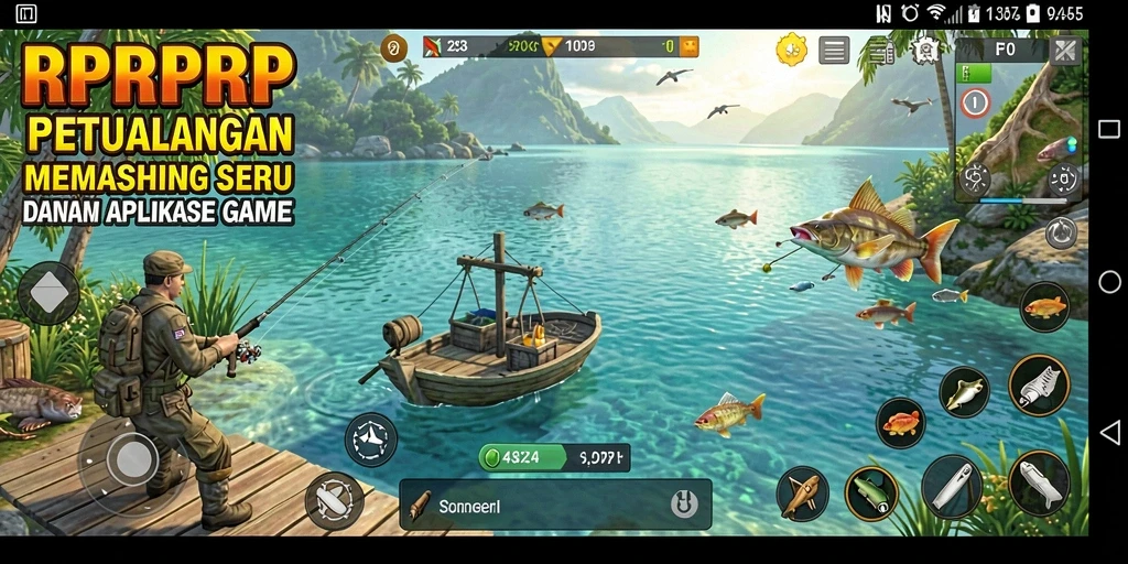 Tampilan gameplay RPRPRP dengan pemandangan memukau saat memancing.
