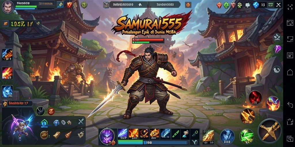 Screenshot gameplay SAMURAI555 yang menunjukkan pertarungan MOBA yang intens.