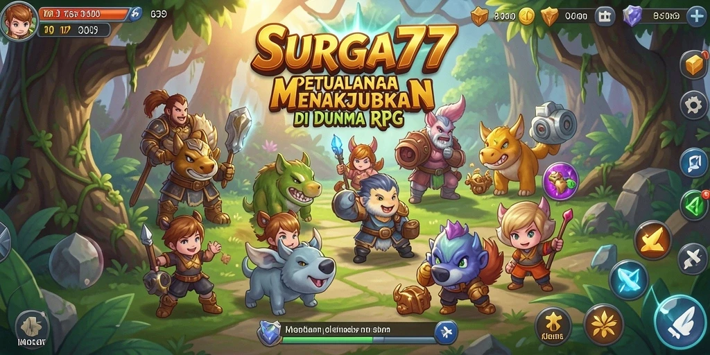 Tampilan gameplay <strong>SURGA77</strong> dengan karakter bertarung melawan monster di dunia fantasi.